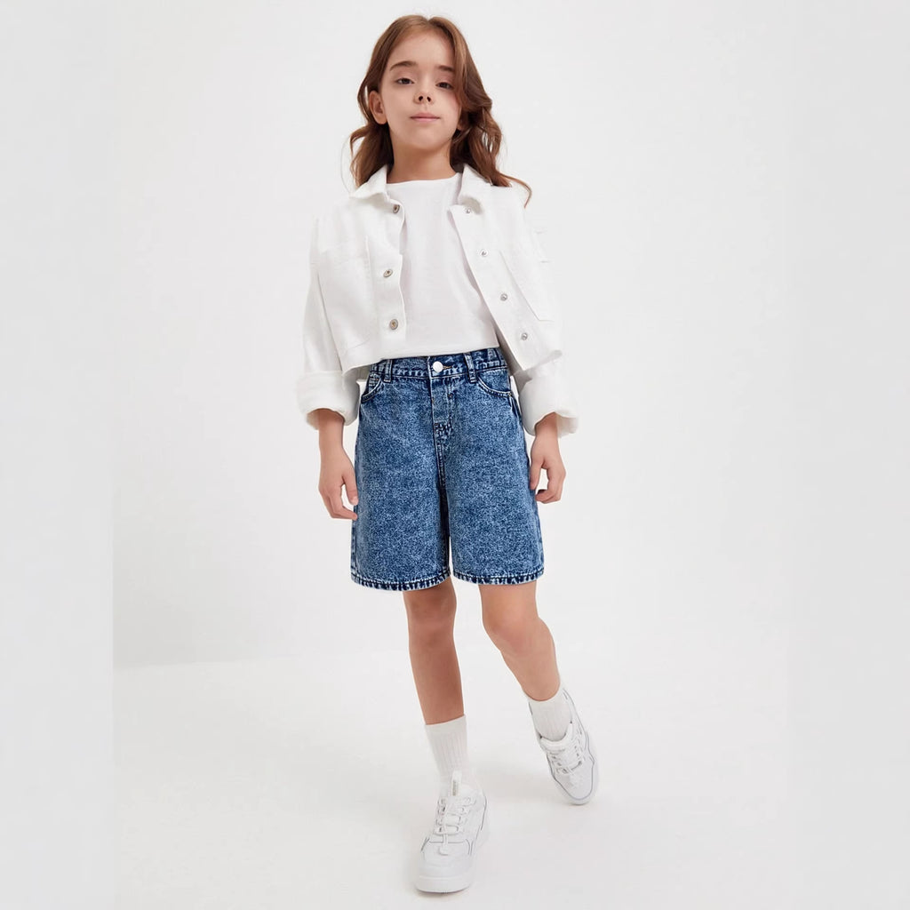 Washed denim girls' mid-length shorts