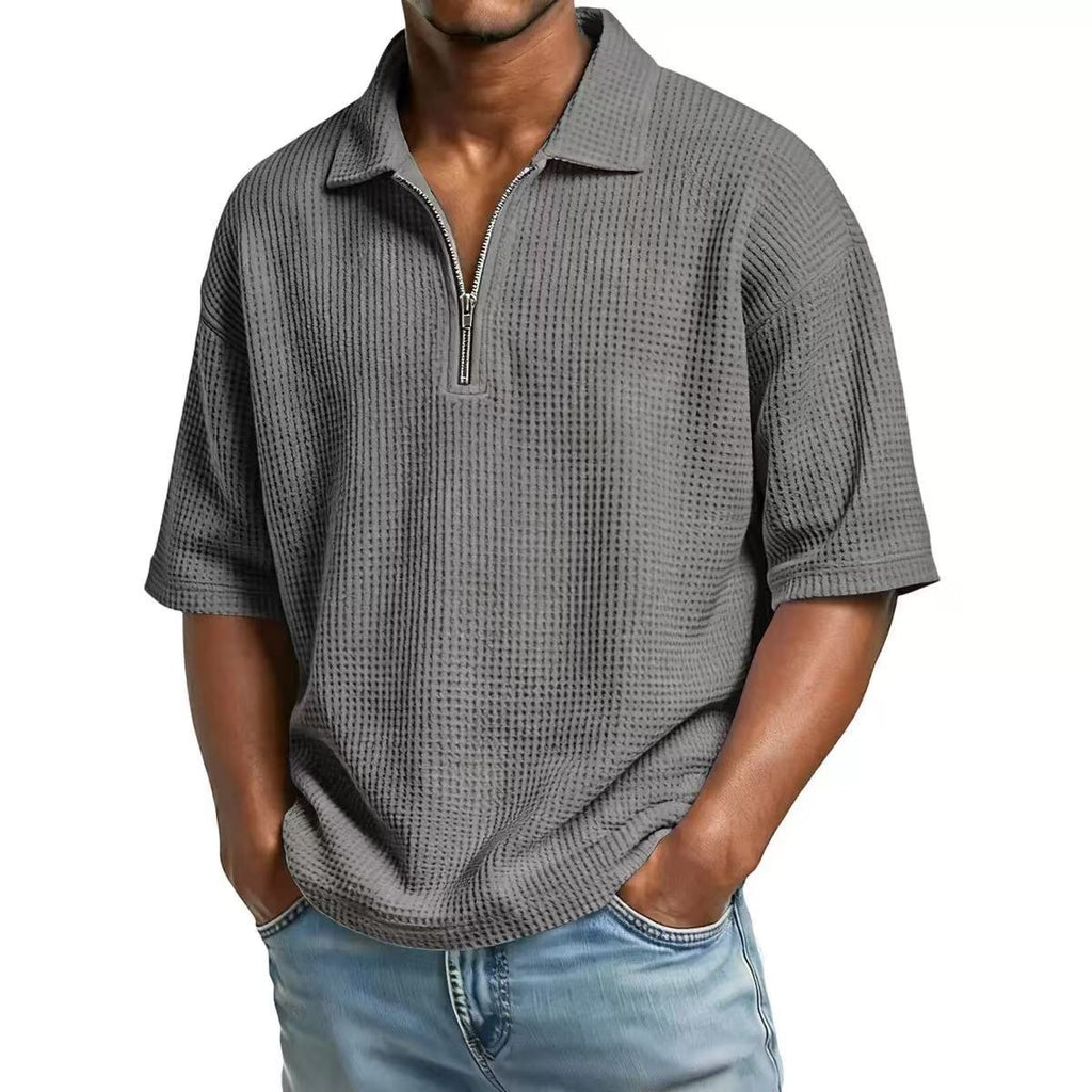Men's European and American Summer Polo Shirt Waffle Solid Color Sports Casual Simple Shor