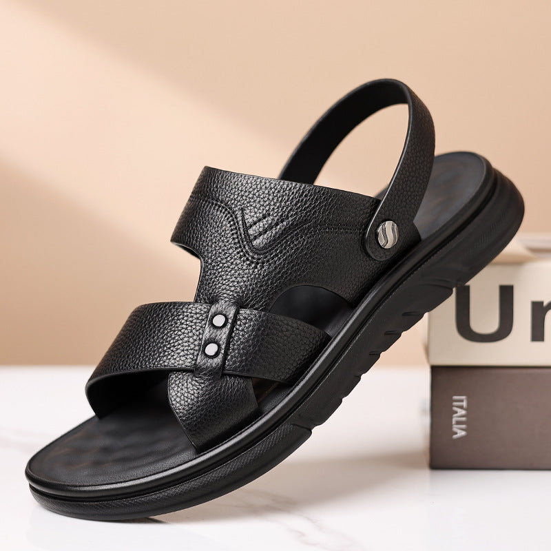 Chaussures de plage en cuir véritable respirant pour hommes Casual Soft Bottom Moyen-âge et personnes âgées