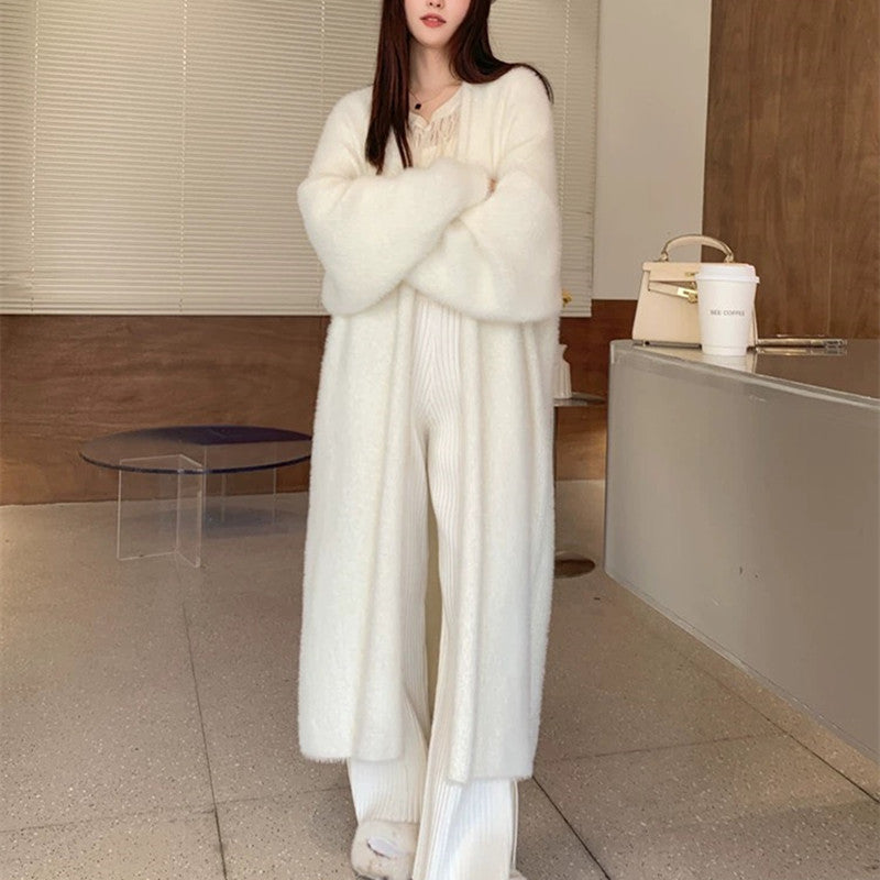 Épaisseur Mink-faux fourrure sur la cheville Long tricot Cardigan manteau