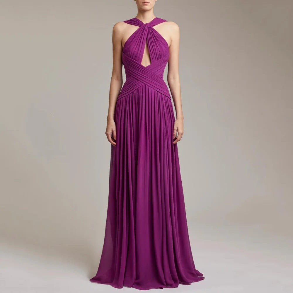 Twist Halter Keyhole Cross Rudched Chiffon Longueur du sol Robe de soirée Maxi