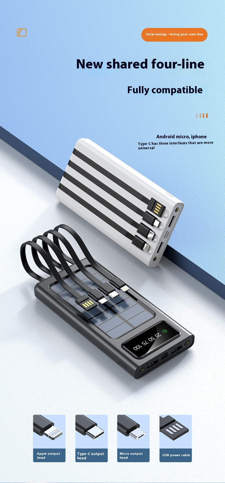 Avec câble à quatre fils Solar Energy Portable Batterie pour téléphones mobiles