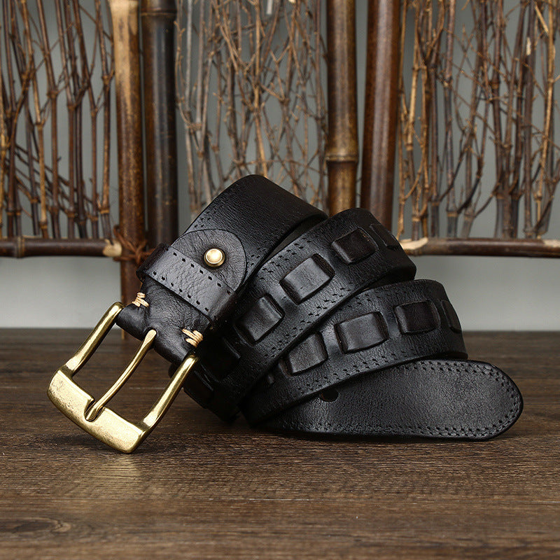 Ceinture Retro Homme en cuir véritable avec boucle en laiton