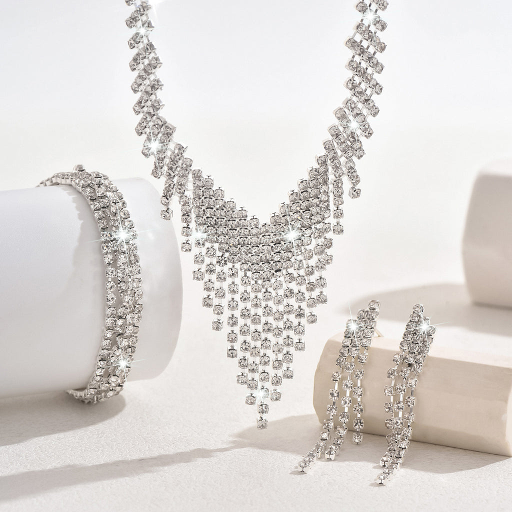 Boucles d'oreilles Super Shiny Full Diamond Claw Chain Tassel Geometric Collier Bracelet Juif mariée