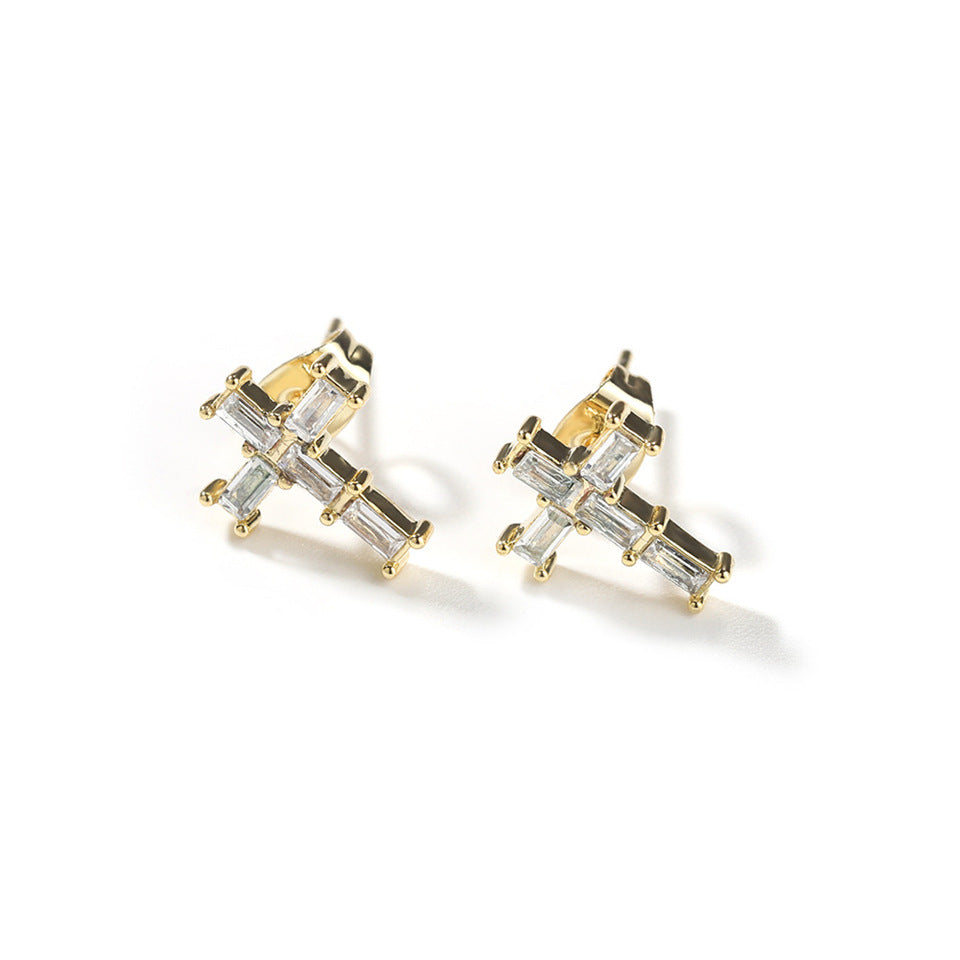 Femmes Cross Baguette CZ Boucles d'oreilles Stud