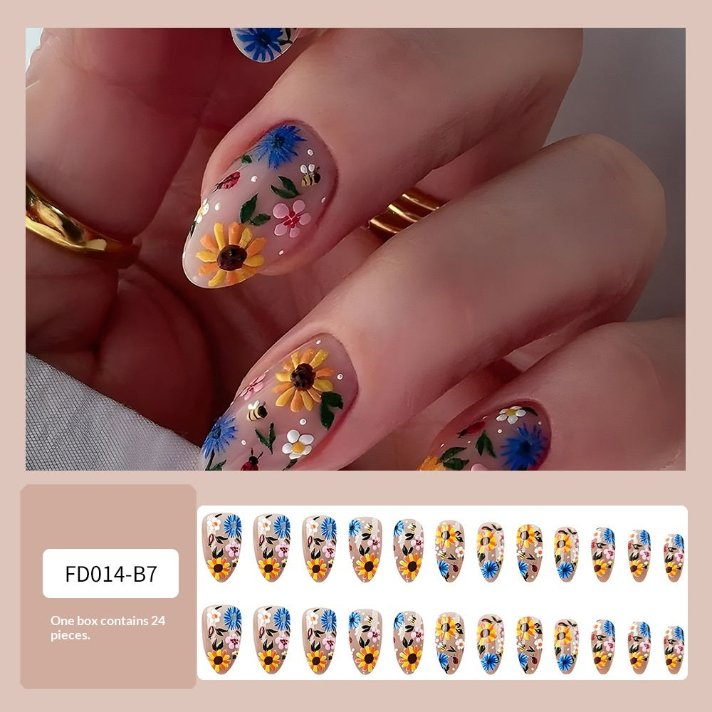 Stickers 24 pièces de ongles acryliques en forme d'amande courte avec fleurs jaunes A