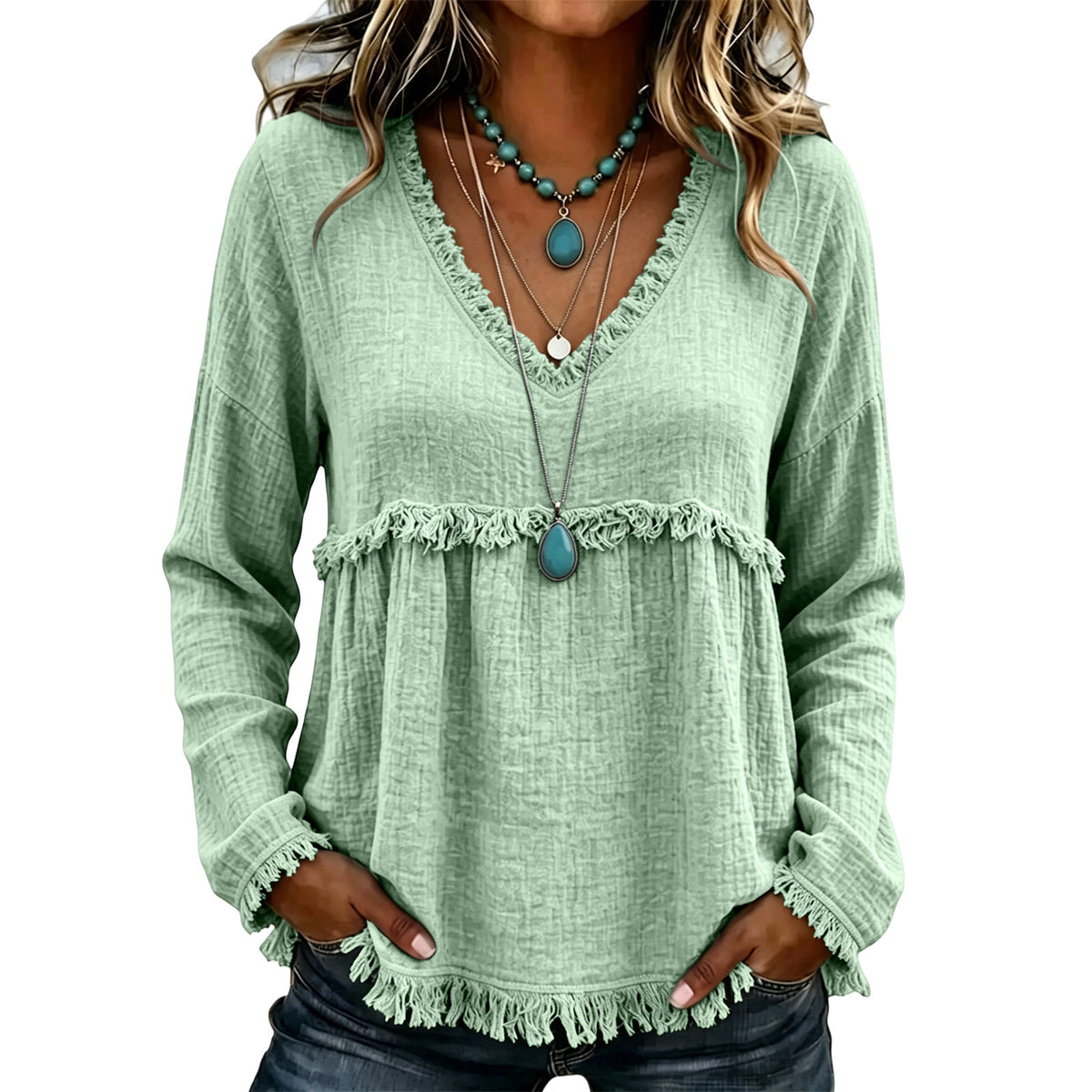 European and American Style Relaxed-fit V-neck avec manches longues fringées