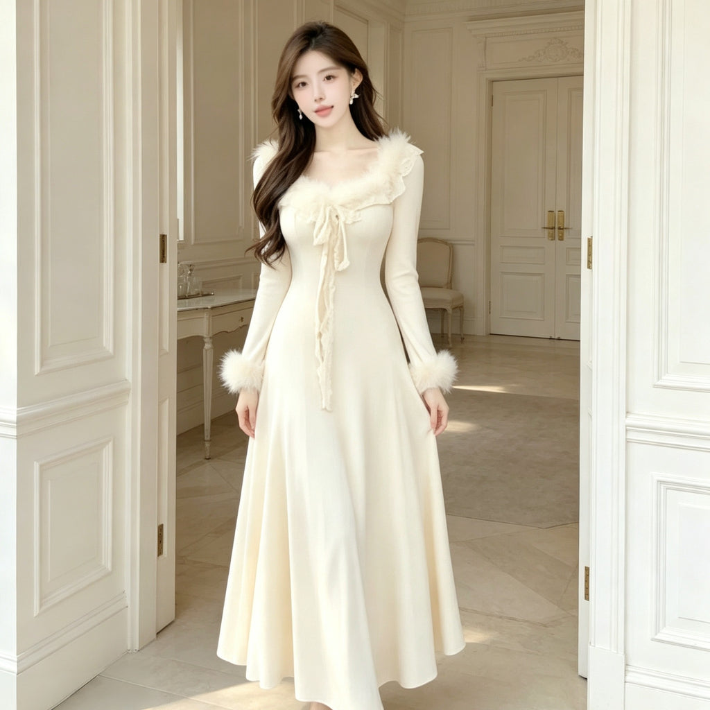 Robe longue flatteur en dentelle avec une vibe d'automne cozy