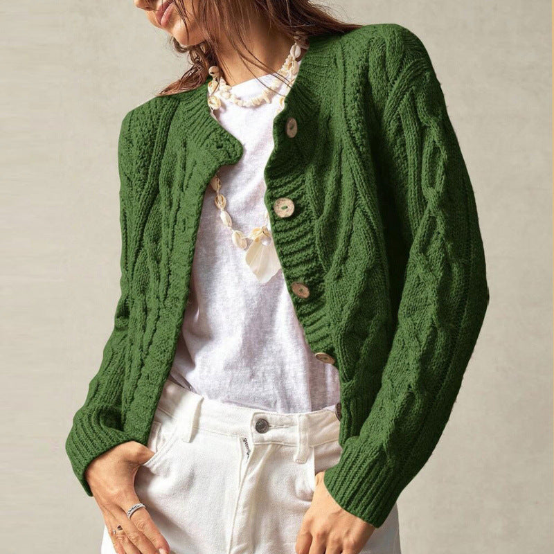 Cable-knit Cardigan Femmes Col d'équipage Veste de sweater courte