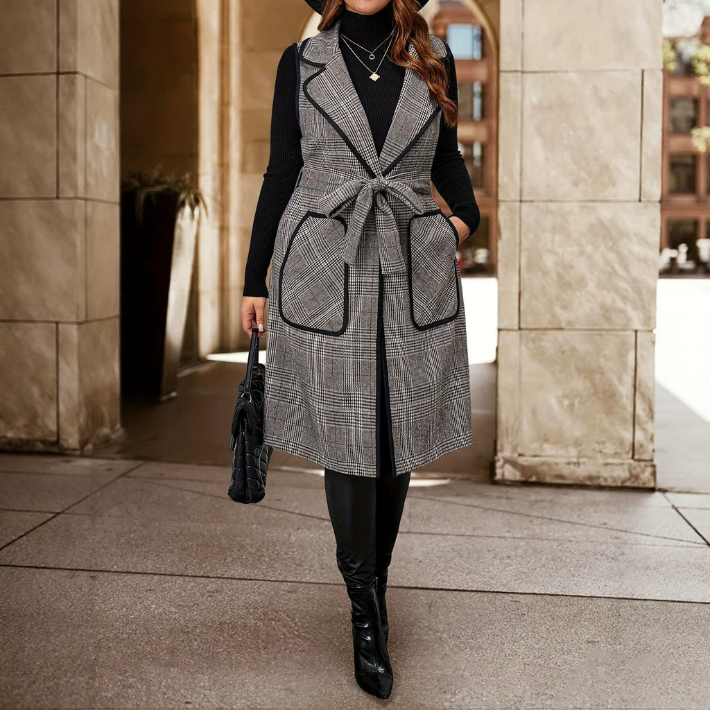 Femmes Élégante Long Houndstooth Veste