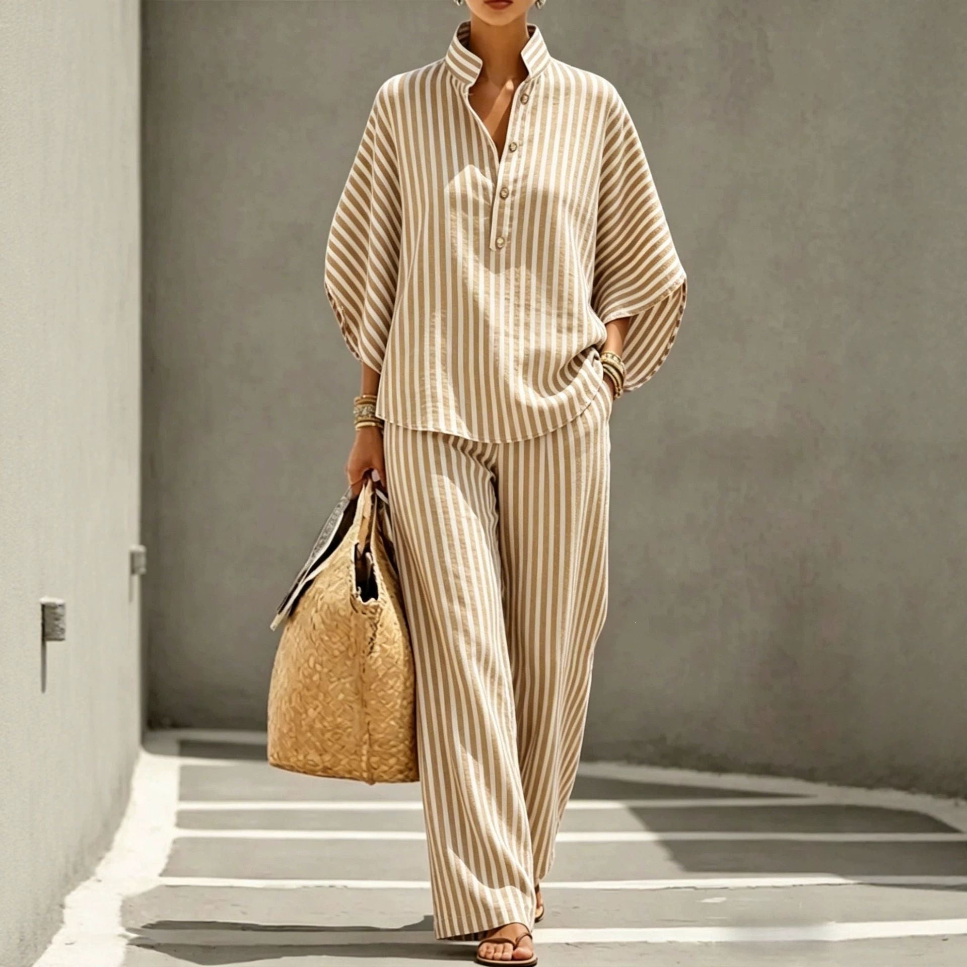 Chemise rayée et pantalon à large jambe Ensemble en deux parties