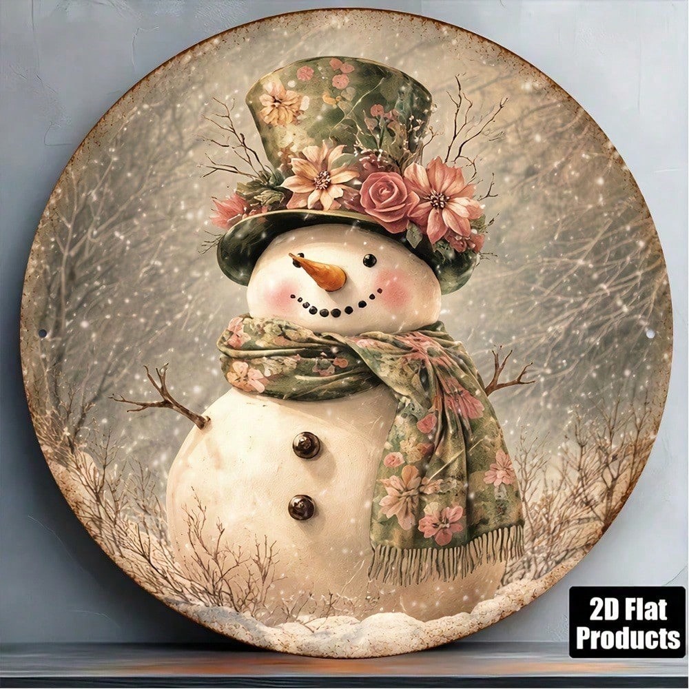 Vieux Snowman rond panneau 8x8in mignon hiver vacances décoration mur