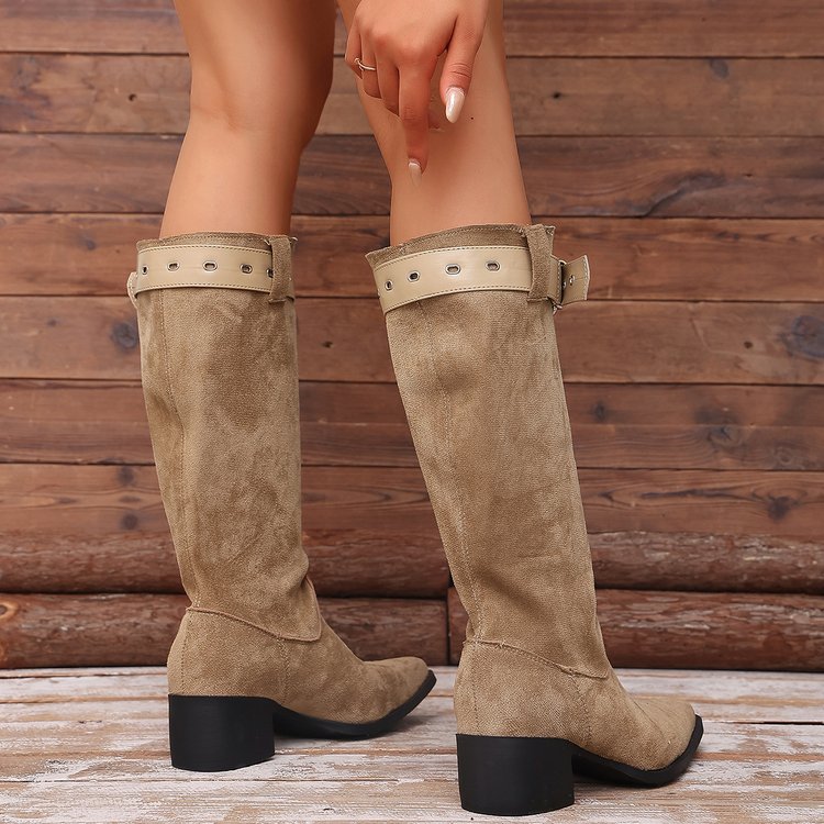 Bottes retro à talon épais avec ceinture