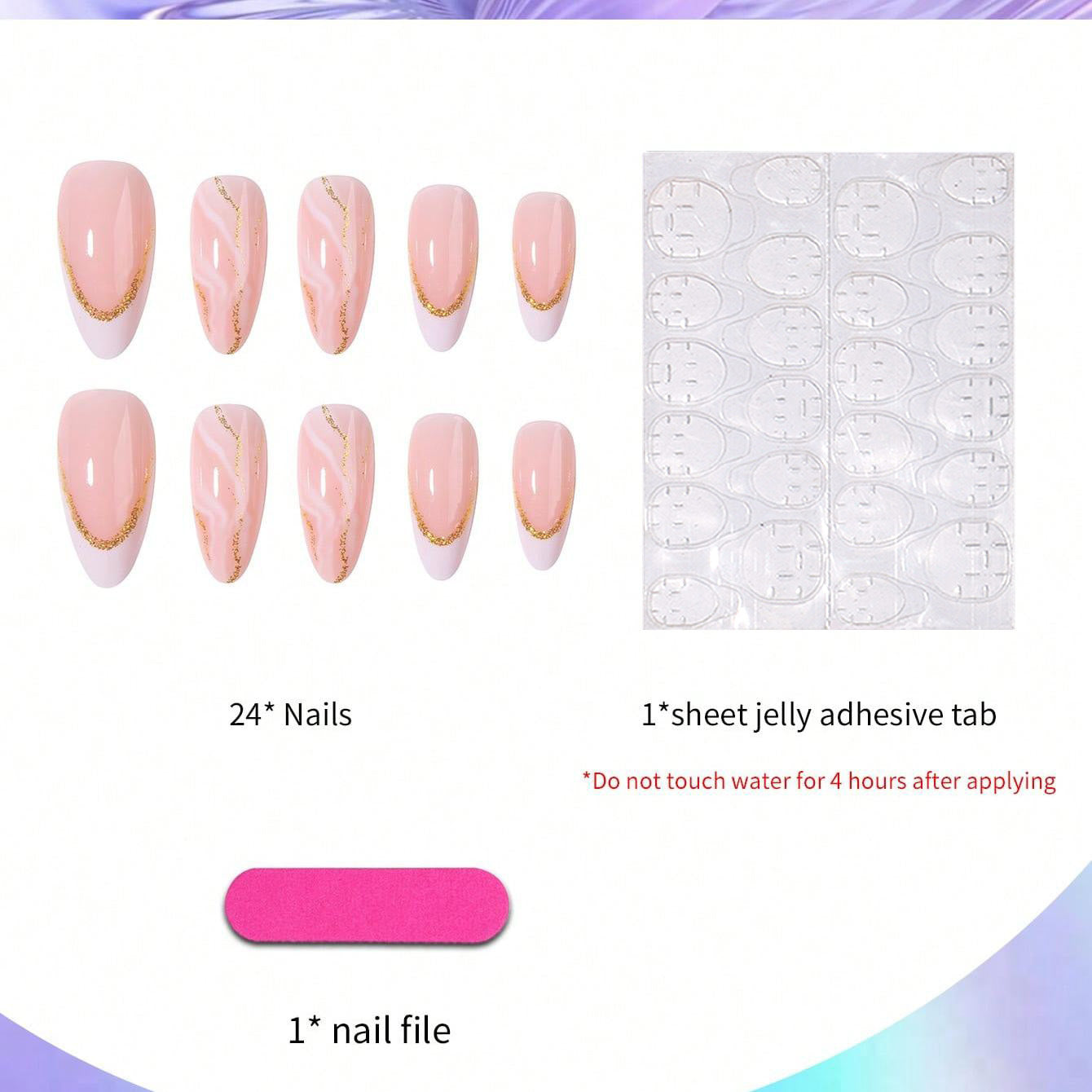 Nails à amandes de style français avec bords blancs et fil d'or prêt à porter