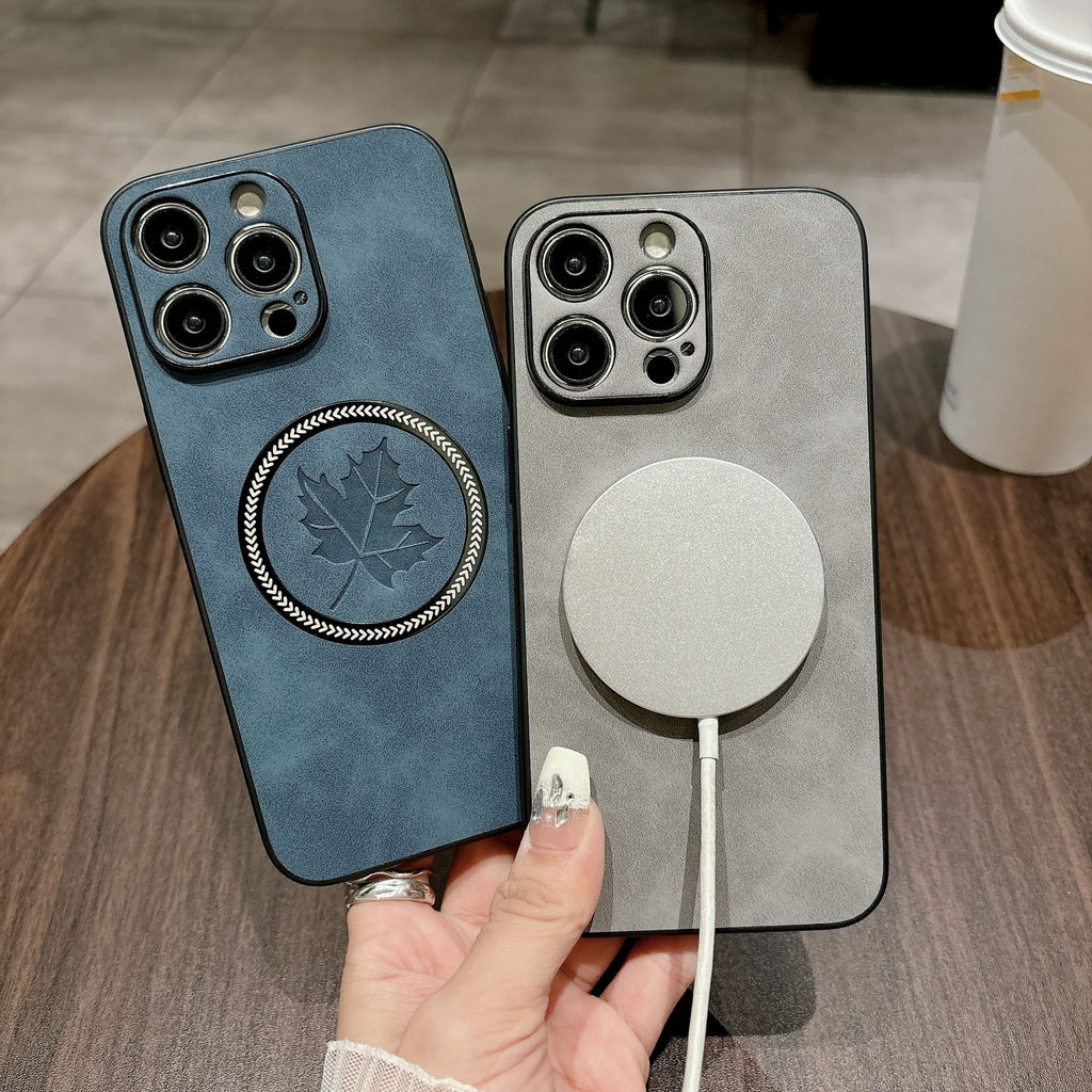 Magnetic Lambskin Maple Leaf Téléphone cellulaire Shell