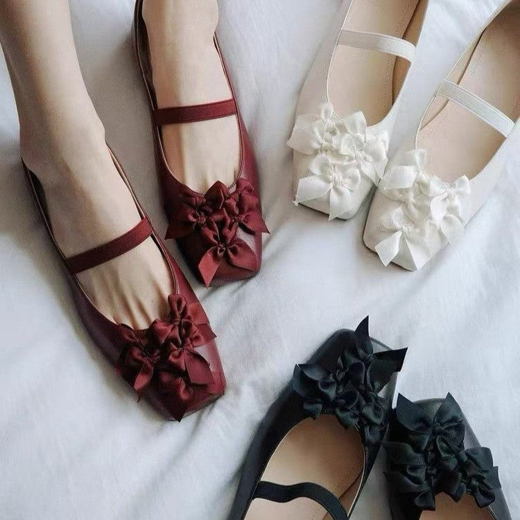 Femmes Français Bow Square Toe Mary Jane Chaussures Elegant Block Talon Soft Sole Low Cut Ballet Fl