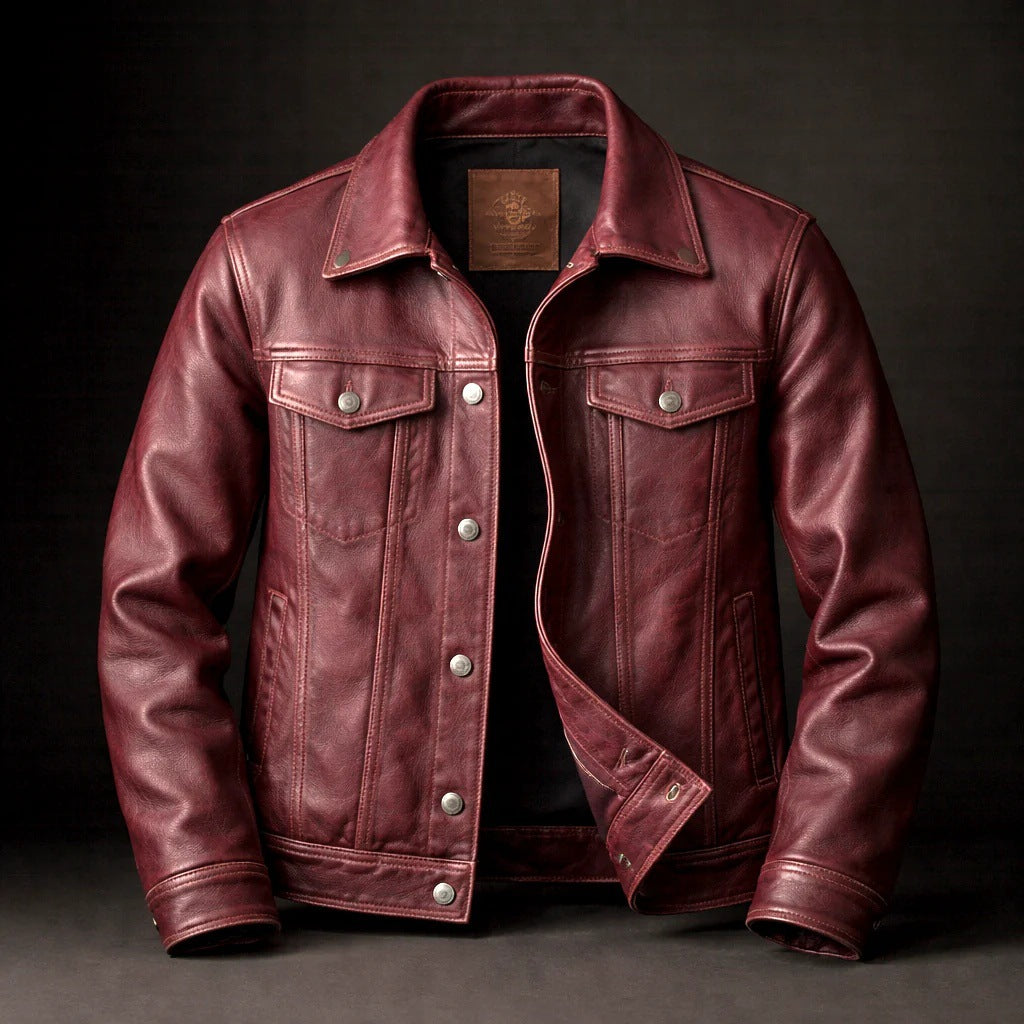 Veste en cuir retro Lapel style américain Vêtements de travail manteau Hommes Veste en cuir