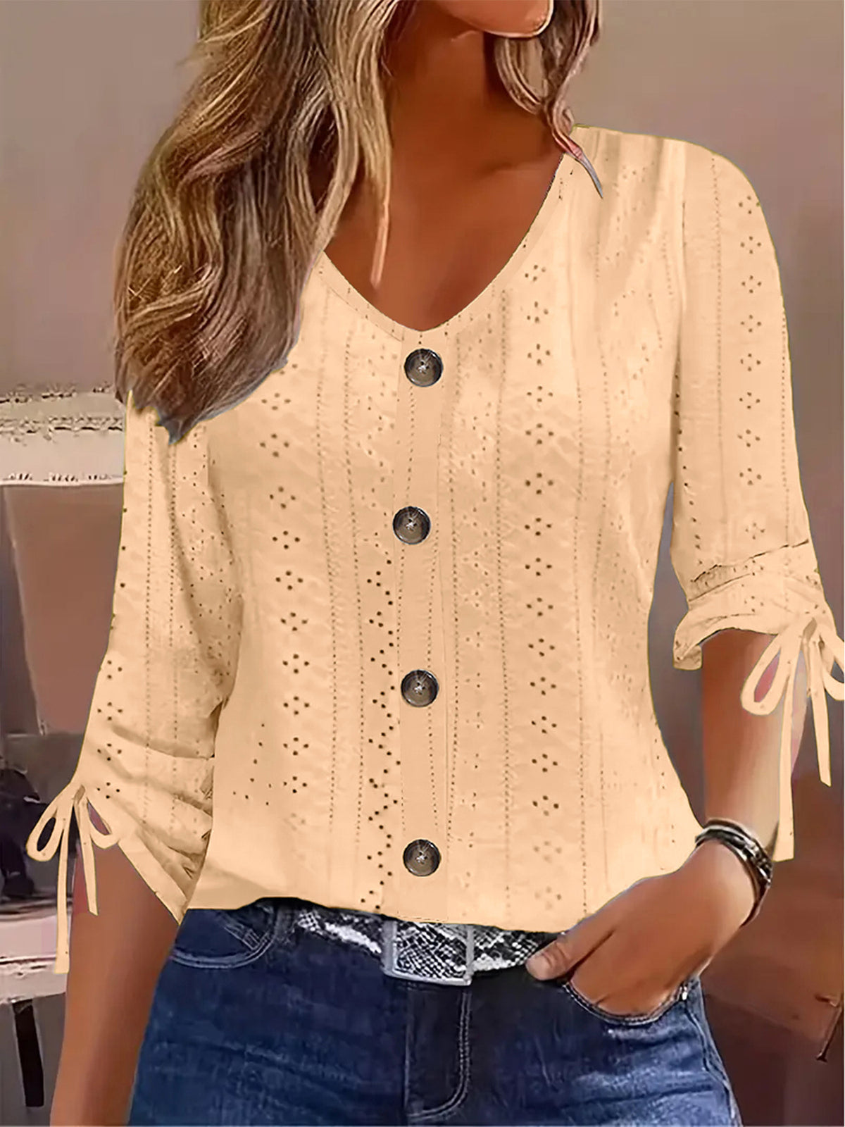 Solid Color Jacquard V-Neck Half Sleeve T-Shirt