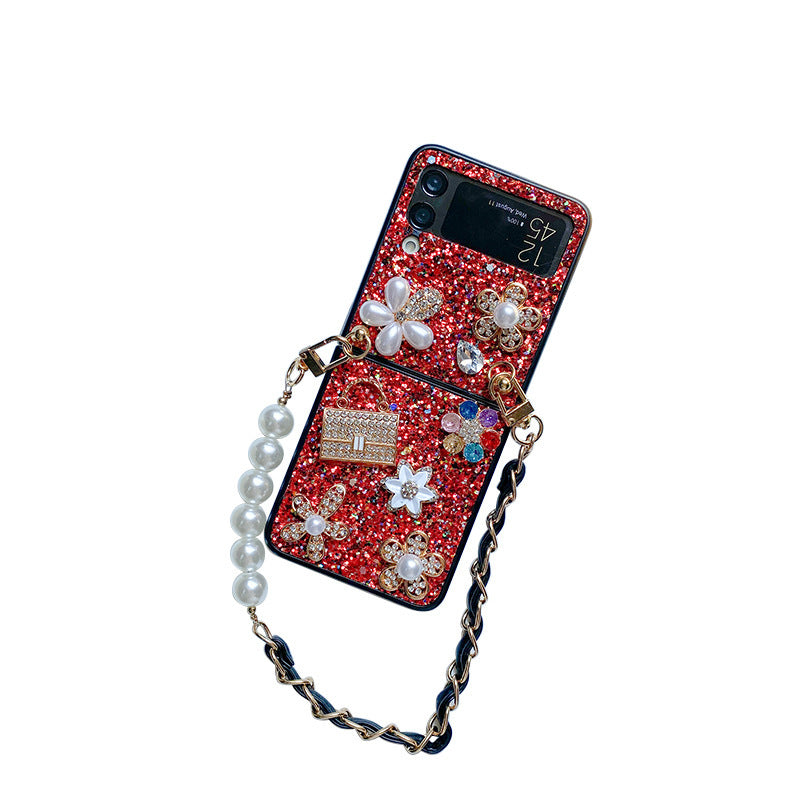 Femelle Fleur Sequin Strass Pearl Écran pliable Flip Case téléphone