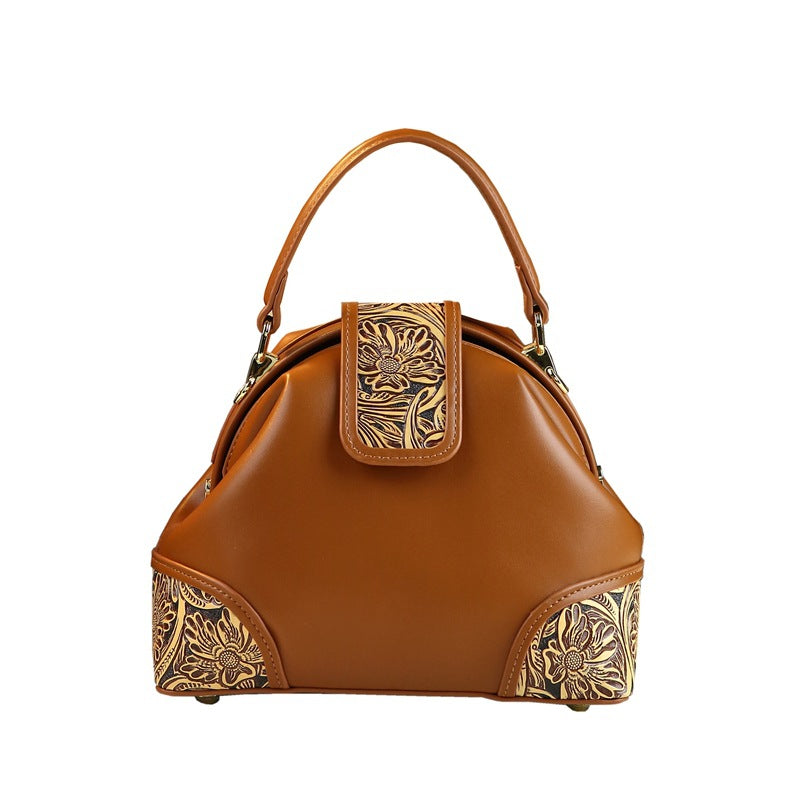 Sac d'épaule en cuir véritable mode avec carving en cuir et motifs floraux
