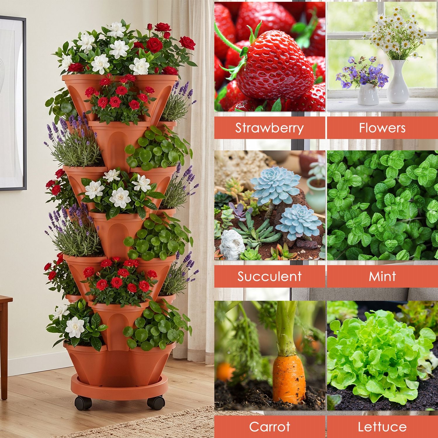 7 Planter vertical empilable de niveau avec roues Planter tour fraise Saving Garden