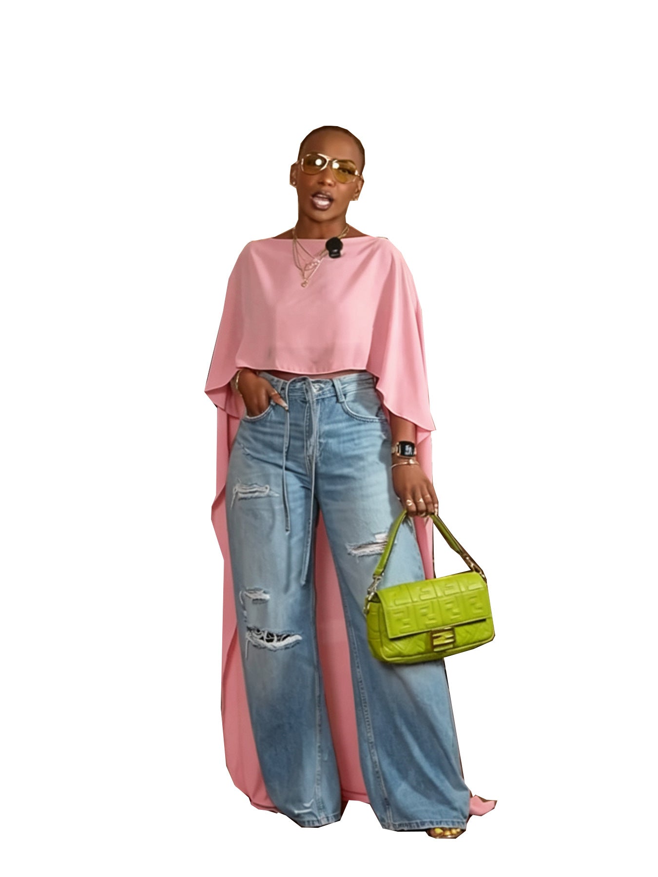 Élégantes femmes à l'aise Mesh Maxi Cape avec manches drapées Et un midriff-baraging T