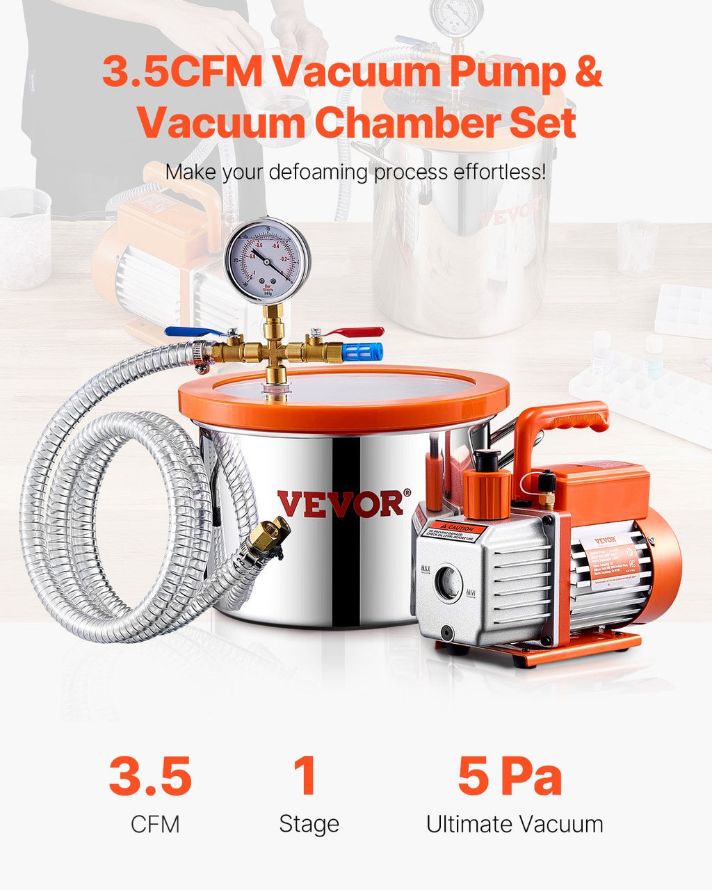 1.5 Chambre à vide Gallon 3.5CFM Kit de chambre de dégazage à une seule étape