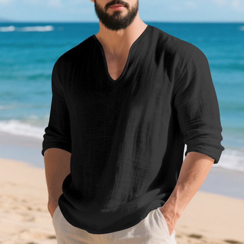 Chemise en V à manches longues en lin casual pour hommes