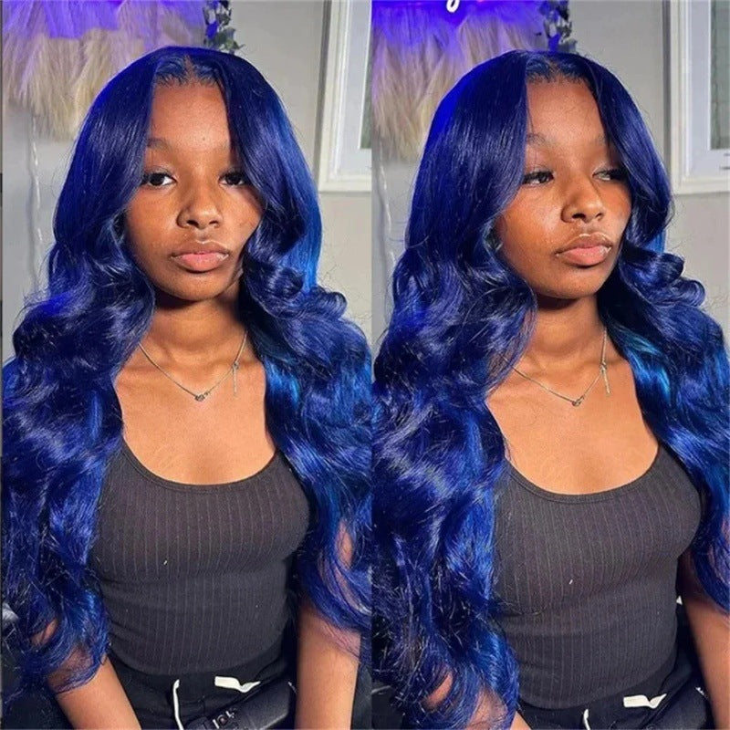 Coiffure mi-longueur femme bleu foncé Big Wavy cheveux bouclés couverture de cheveux devant dentelle