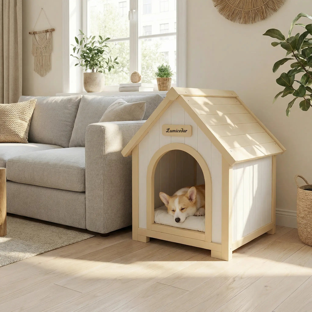 Maison de chien en bois moderne avec coussin EVA – Cèdre solide Pet House pour petits chiens & C