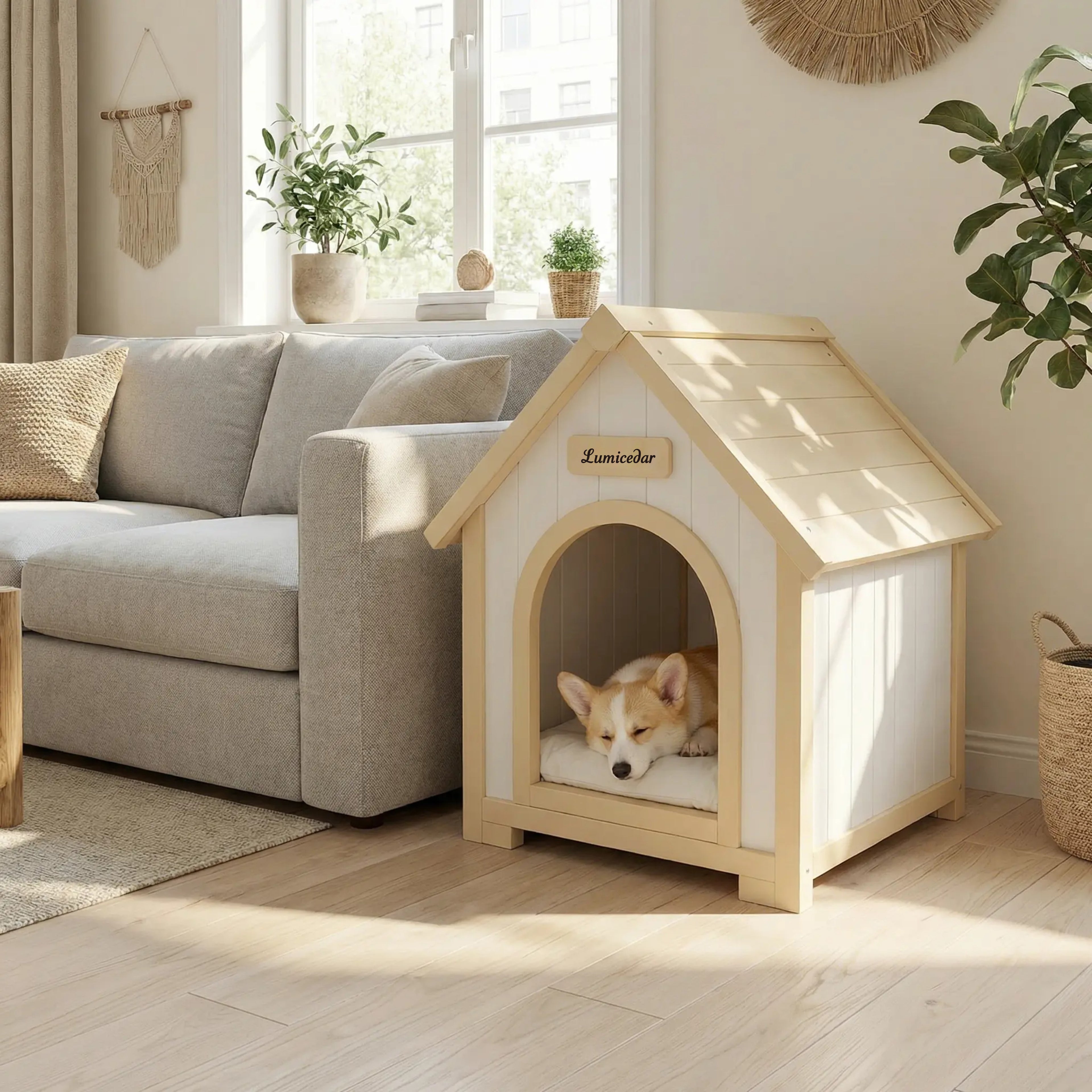 Maison de chien en bois moderne avec coussin EVA – Cèdre solide Pet House pour petits chiens & C