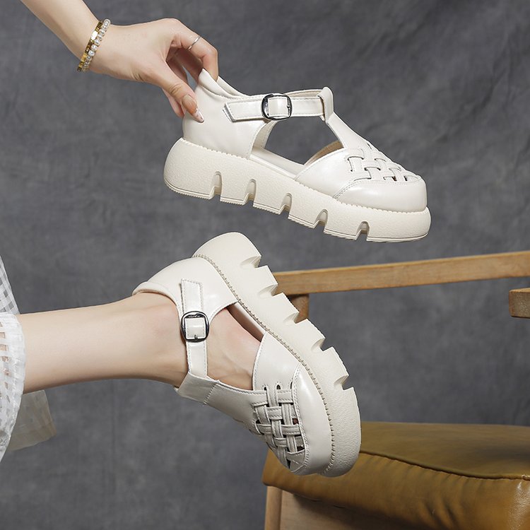 Plate-forme en cuir plein grain pour femmes Velcro Sandales