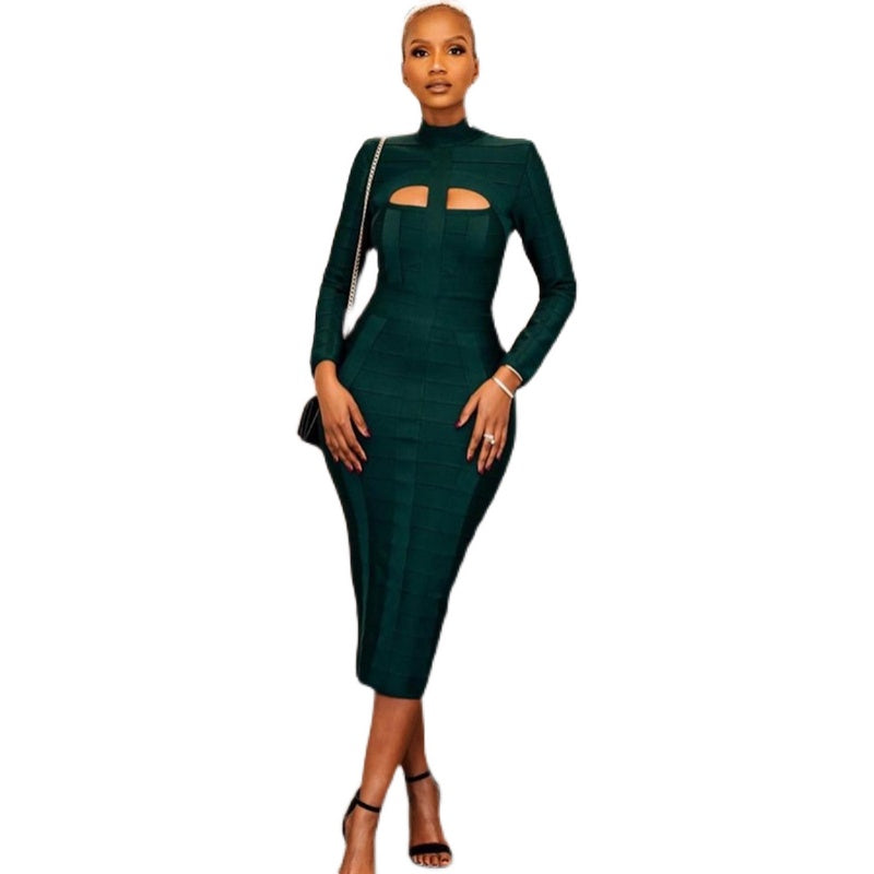 Robe de bandage Slim Fit à manches longues en collier vert foncé