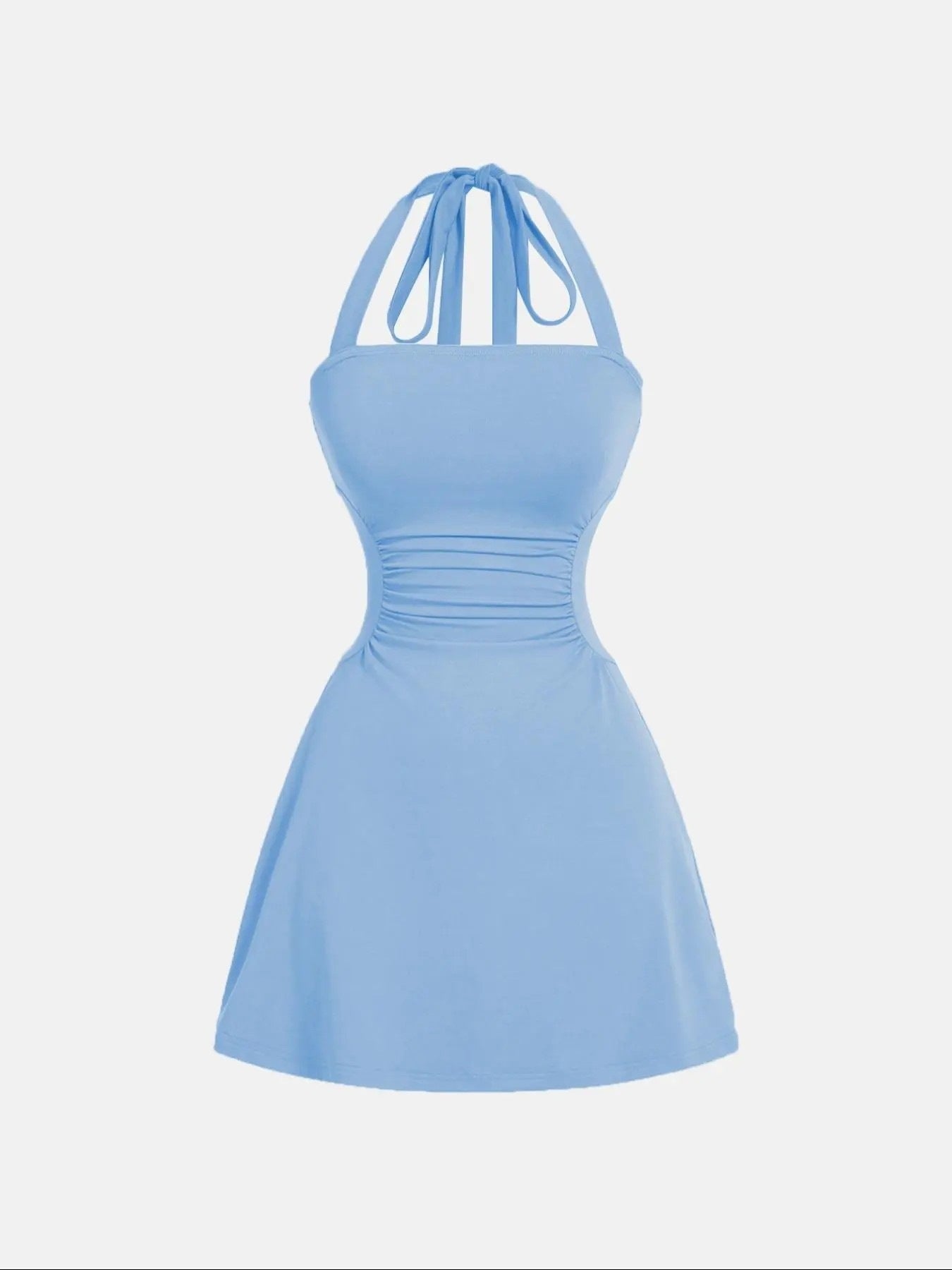 Robe de sangle spaghetti sans dos en tissu plissé couleur solide pour femme