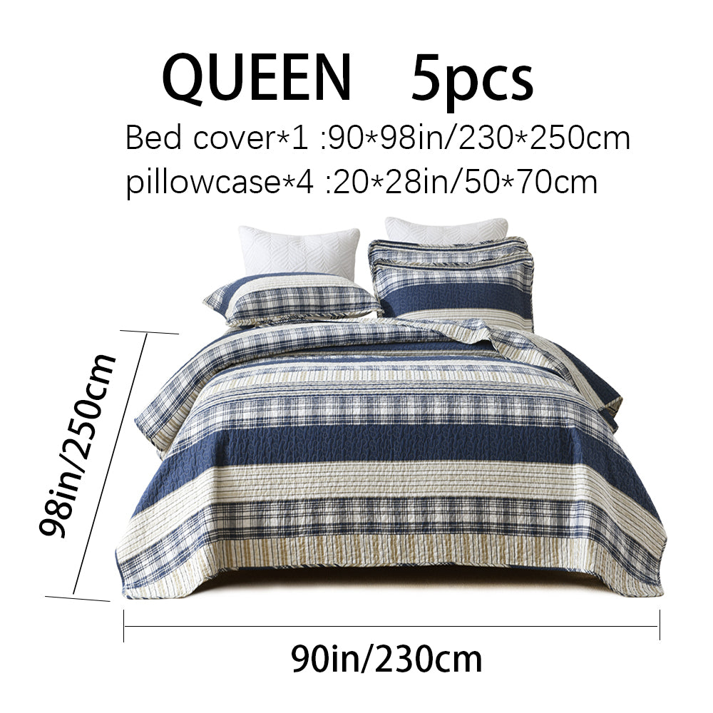 Cotton Reversible Quilt Bedspread Set Nautical Classic Stripe Navy Blue Beige Windowpane C