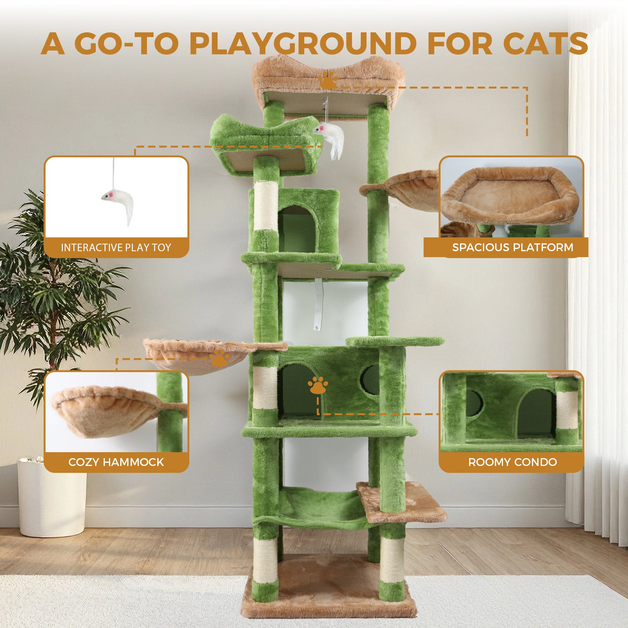 68in Grand arbre de chat vert multi-niveaux avec hamacs