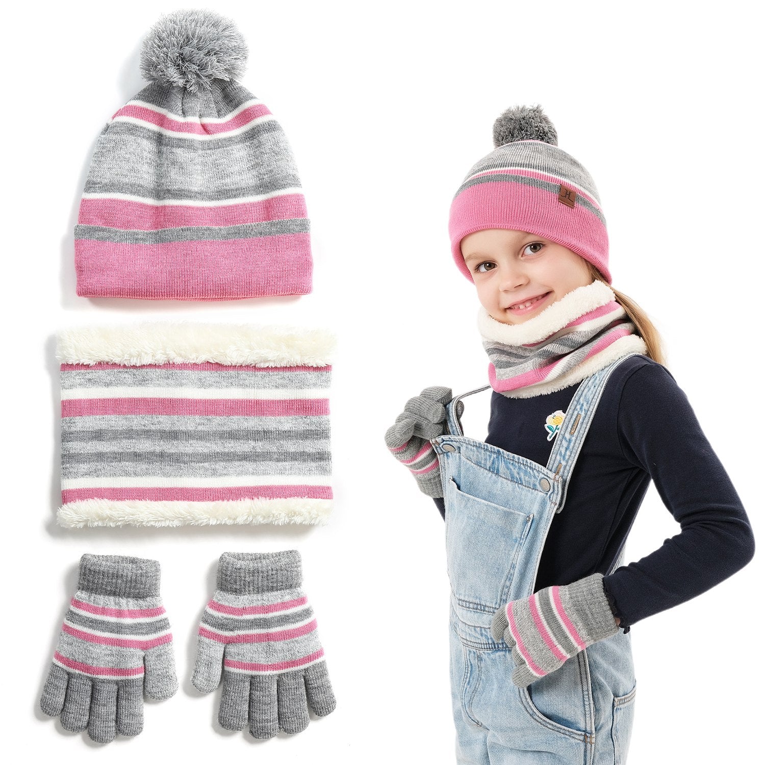 1Set Winter Kids Chapeau tricoté Gants 3Pcs Garçons Filles Bonnet d'hiver chaud Chapeau et Gants