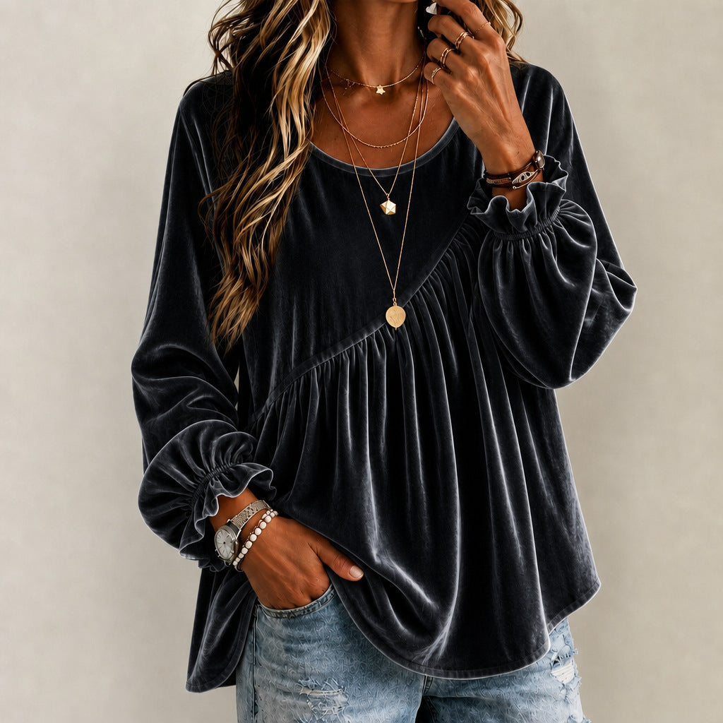 Velours de couleur unie Col d'équipage Manches longues Relaxed-fit Asymétrique Ruffled Top