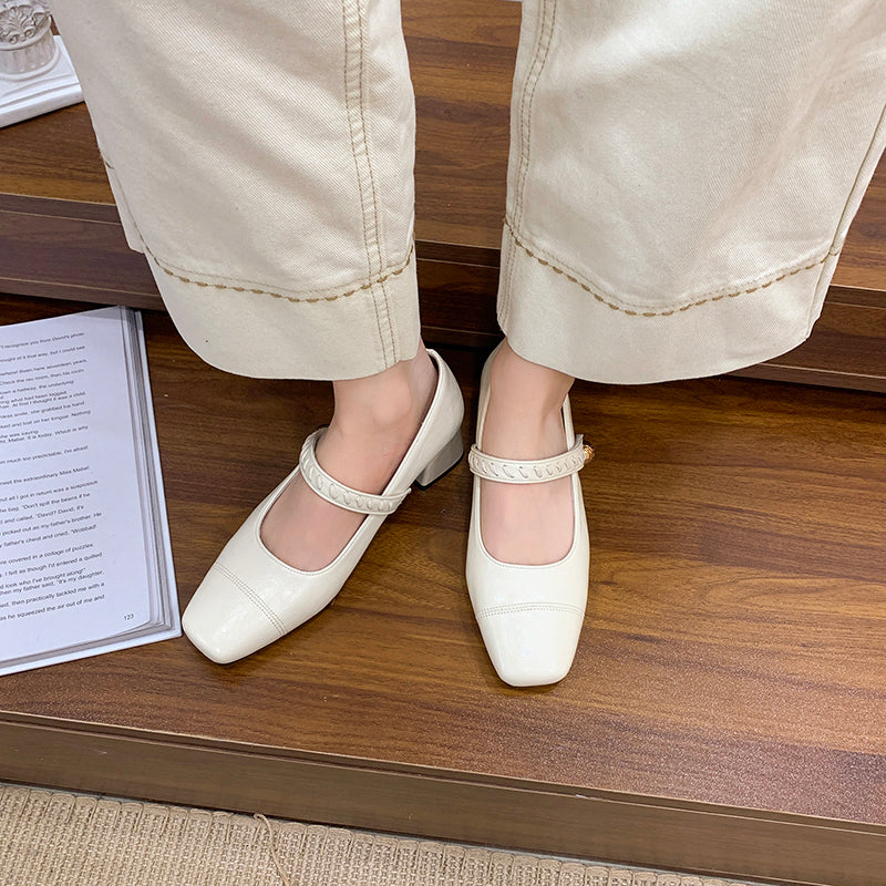 Femmes Vintage Français Crinkled cuir Block Heel Pompes