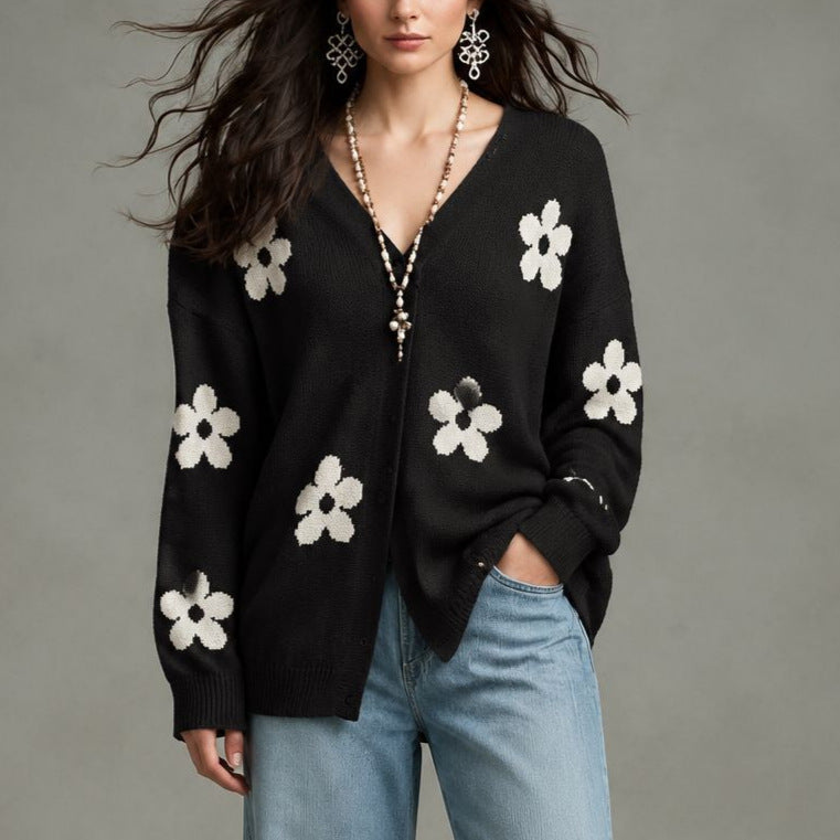 Manteau de cardigan à mailles plus grandes, imprimé floral féminin