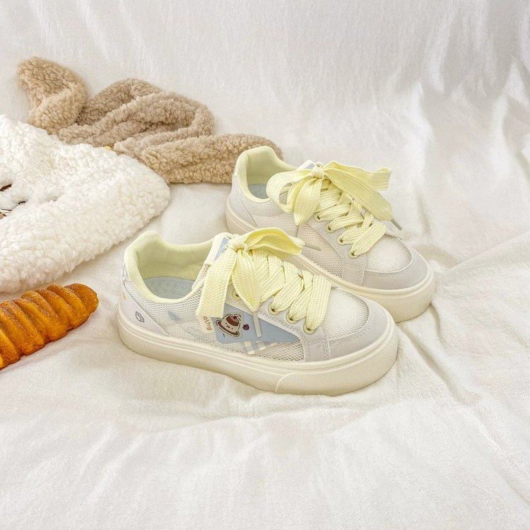 Femmes Kawaii Mesh Platform Sneakers Breathable Mesh Upper Pastel Color Block Cartoon Patch
