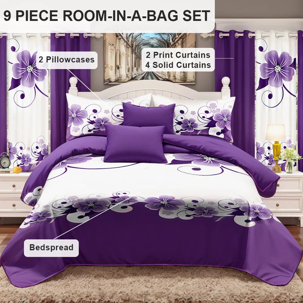 Ensemble de lit et de rideau floral pour 9 pieces (Queen/King/Cal King) - Lit en microfibre matelassé