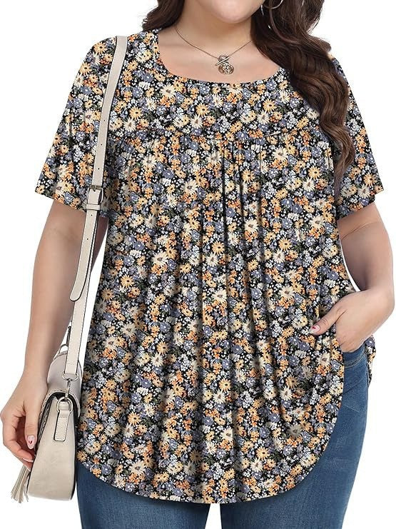 T-shirt casual à col rond à manches courtes avec imprimé floral plus taille