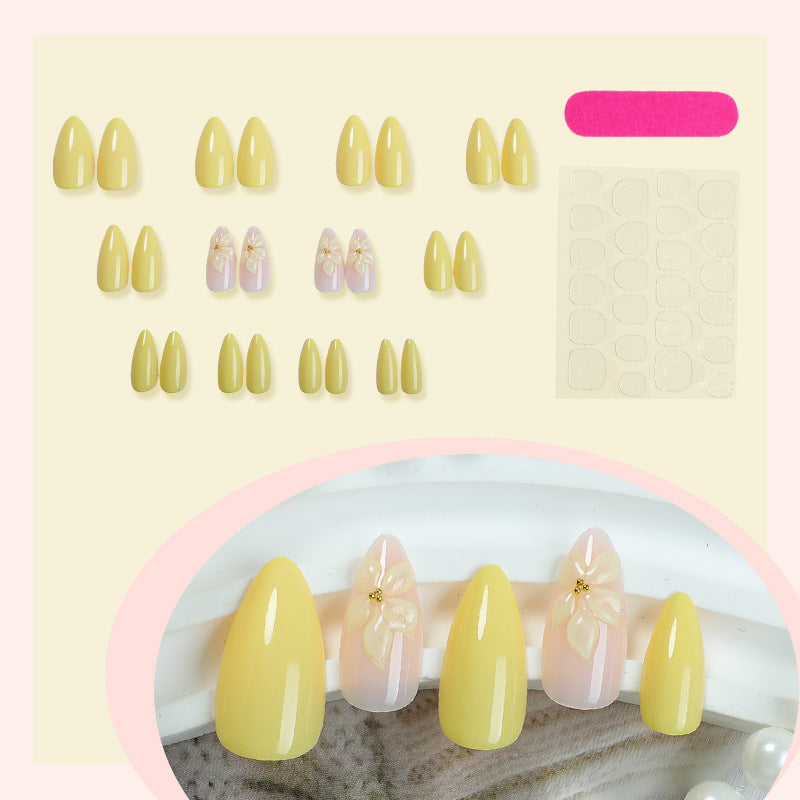 Nails à amande jaune de style français au design floral 3D