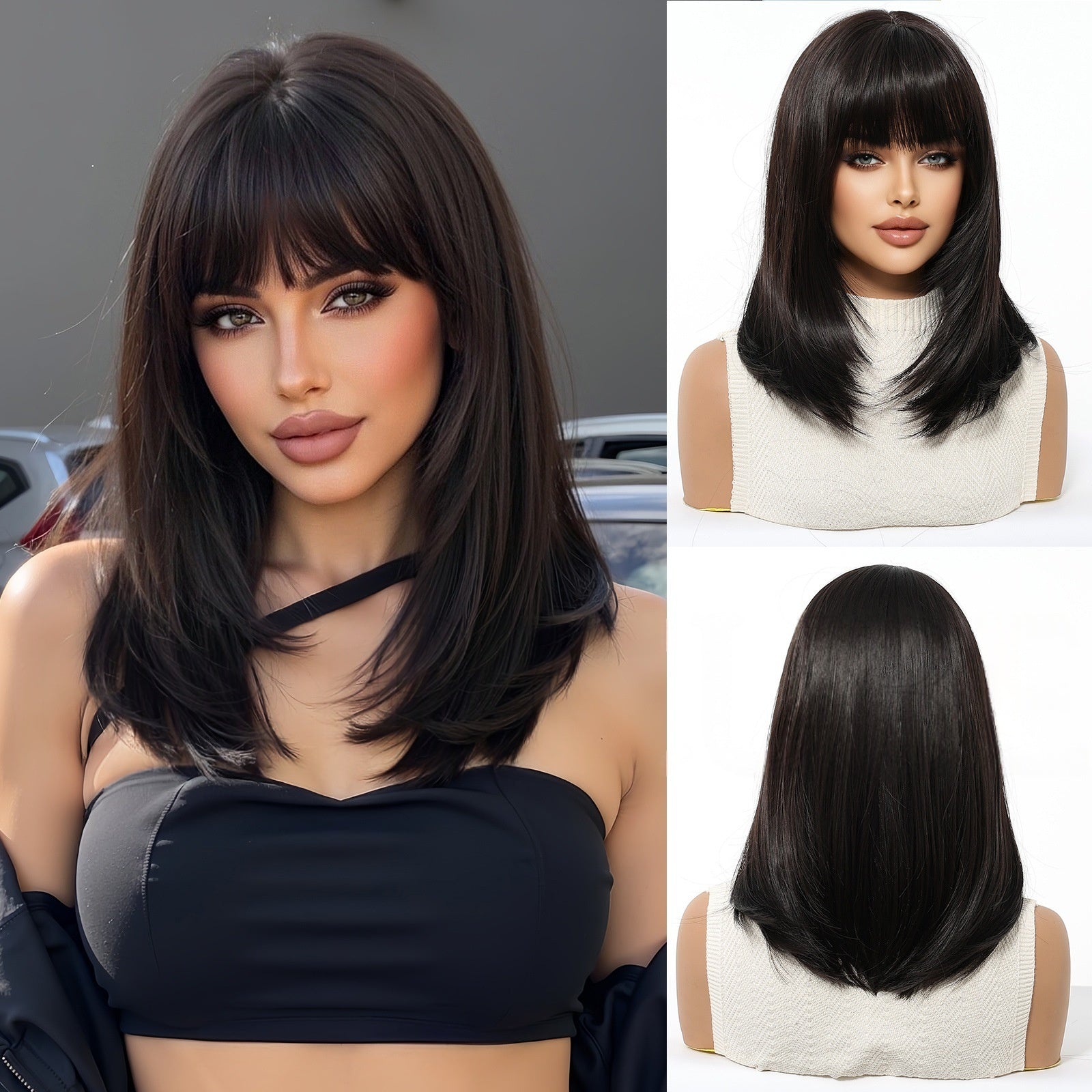 Perruque synthétique haute température pour femmes avec capuchon de cheveux Bangs