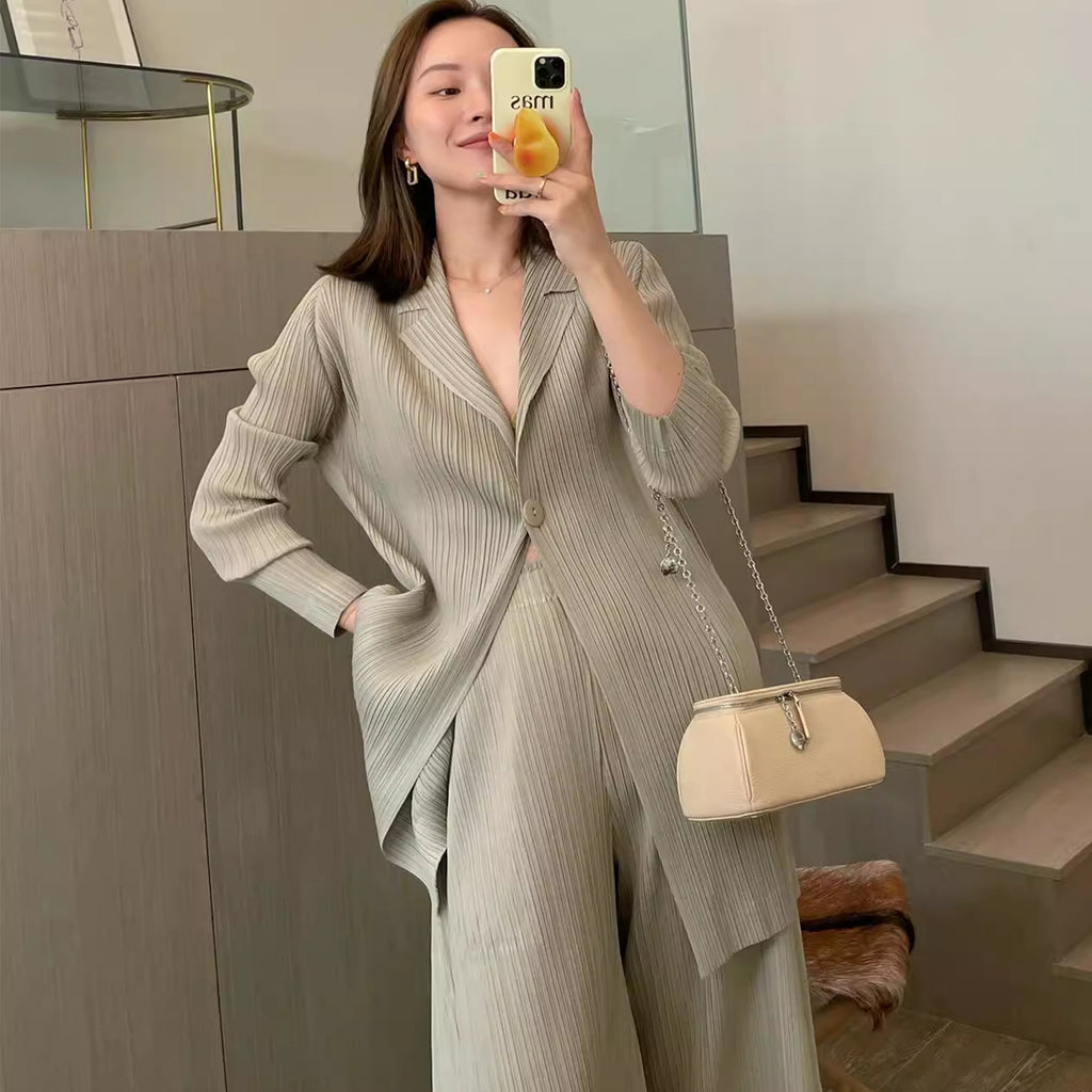 Ensemble de cardigan plissé pour femmes Minimalist Casual Veste et pantalons à manches longues à deux pièces