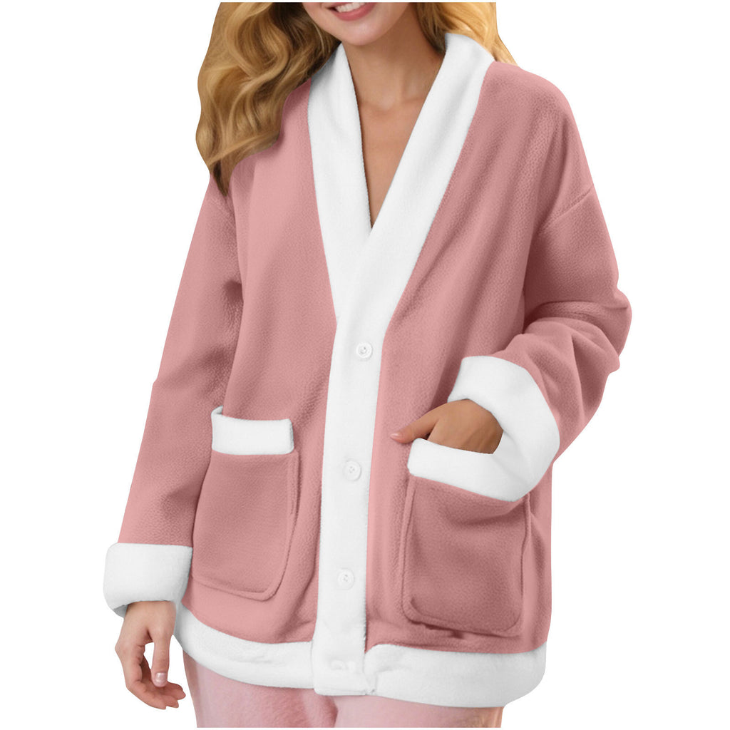 Amazon site indépendant Automne et hiver V-Neck Manches longues Couleur-Block Cardigan Flannel
