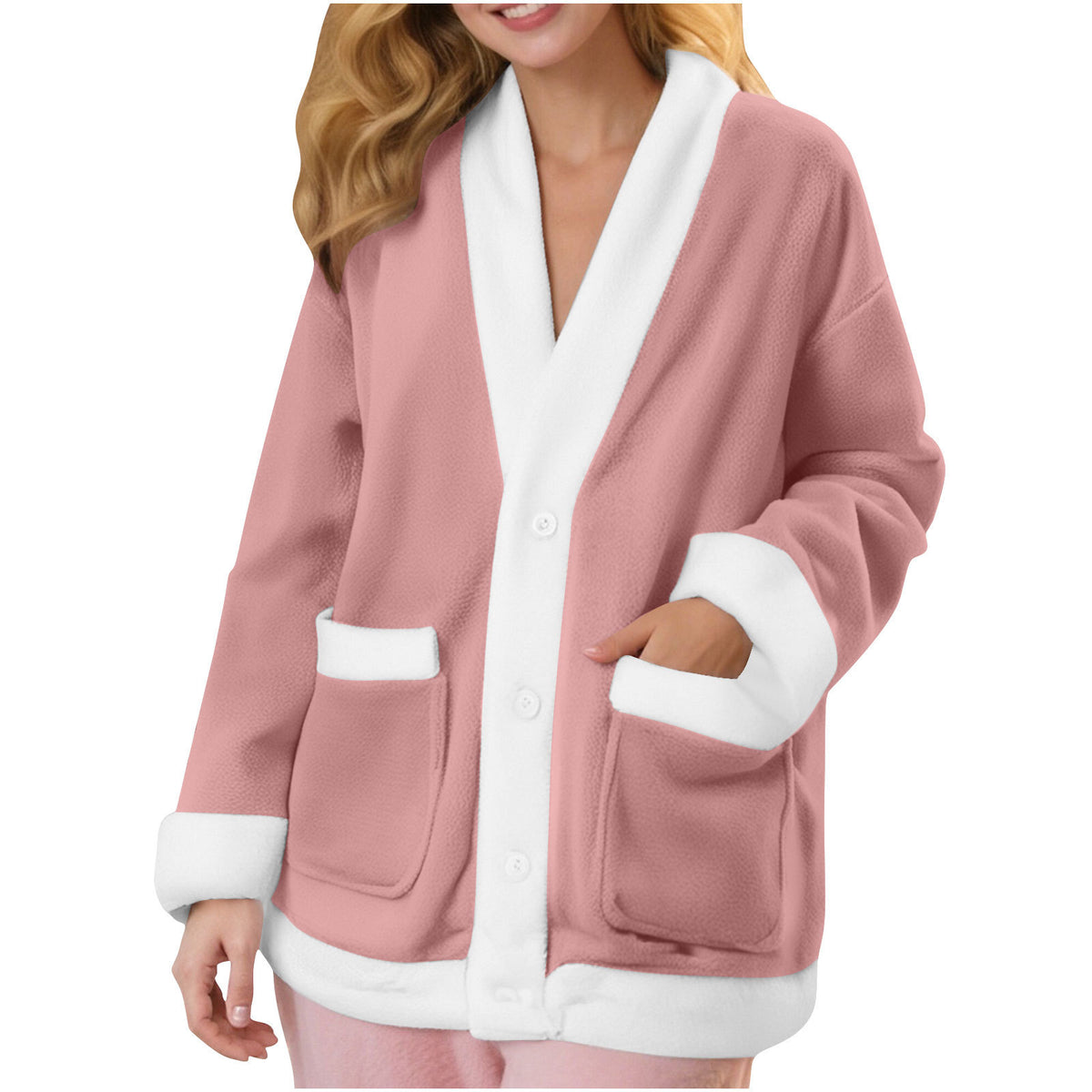 Amazon site indépendant Automne et hiver V-Neck Manches longues Couleur-Block Cardigan Flannel