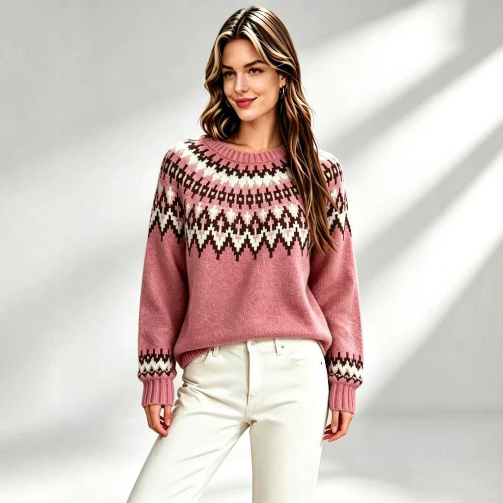 Femmes Retro Fair-Isle Knit Crew-Neck Sweater