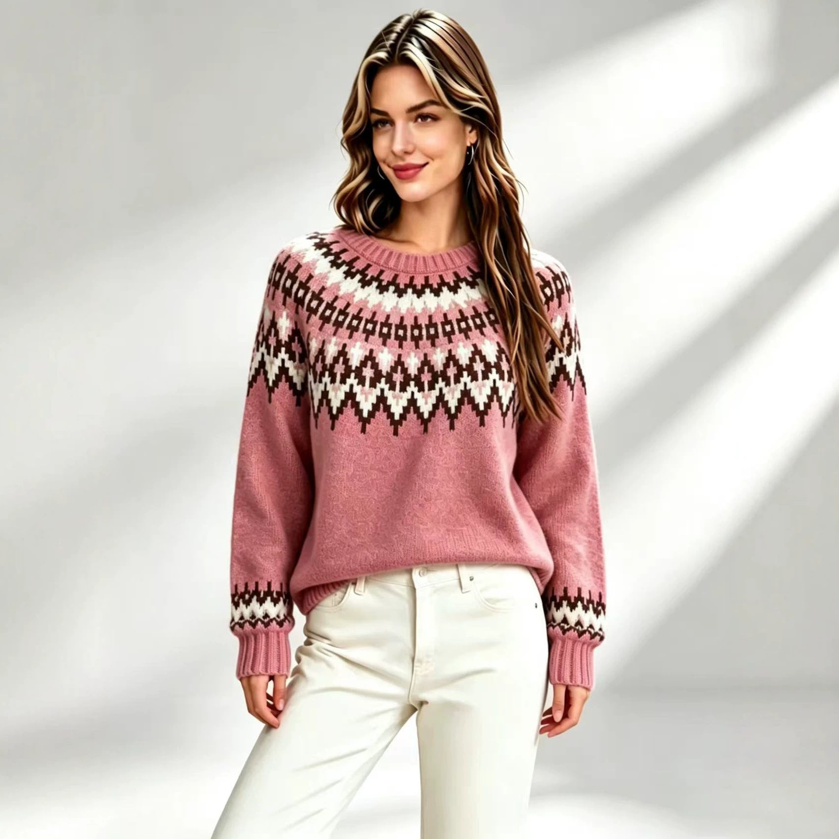 Femmes Retro Fair-Isle Knit Crew-Neck Sweater